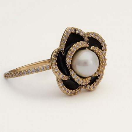 Lily and Rose Coco rose ring - Jet / ivory pearl 18mm